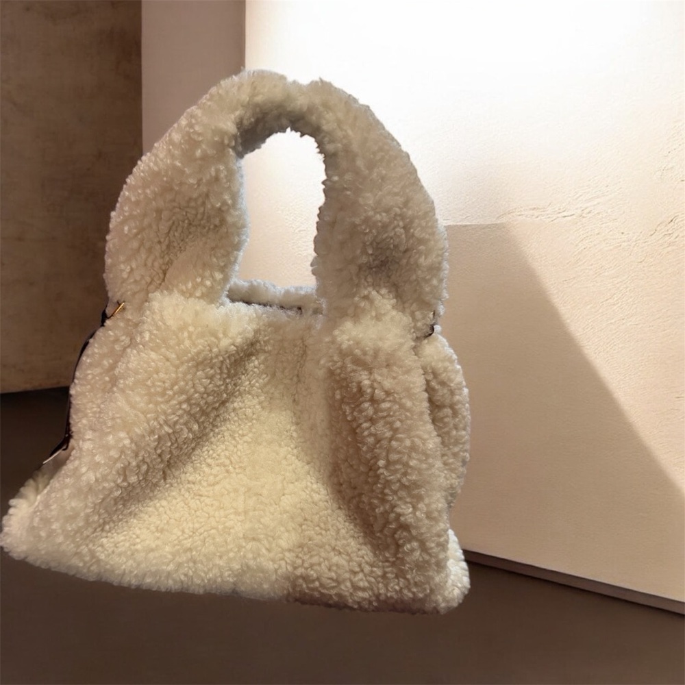 Polene Cozy White Shearling Tote Bag